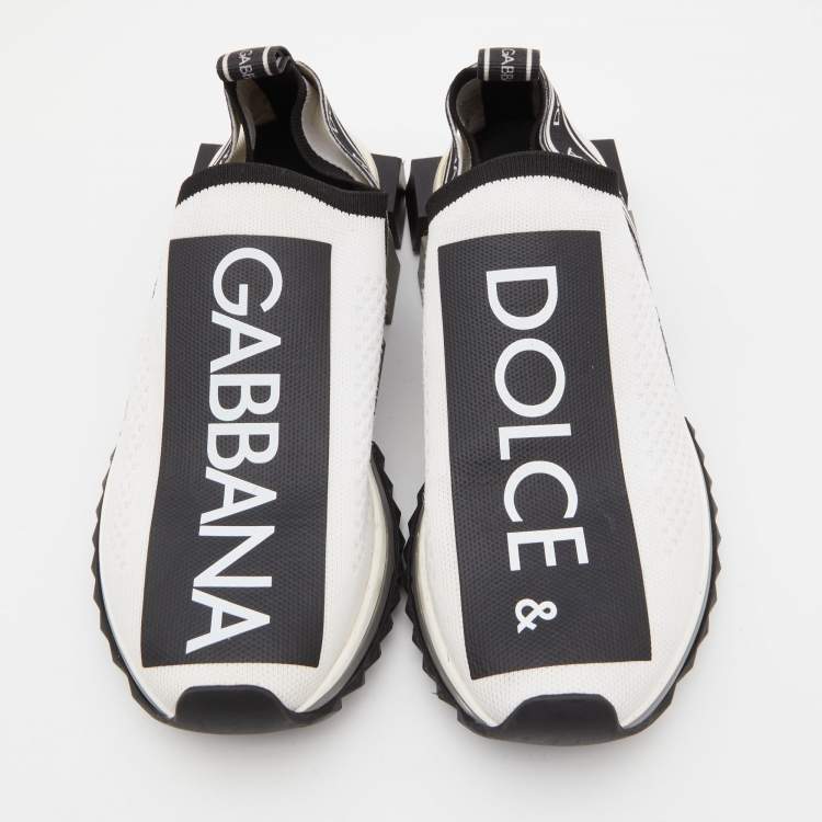 Pre Owned Dolce & Gabbana White/Black Knit Fabric Logo Sorrento Slip On Sneakers Size 40