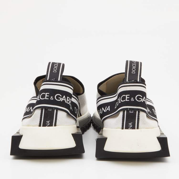 Pre Owned Dolce & Gabbana White/Black Knit Fabric Logo Sorrento Slip On Sneakers Size 40