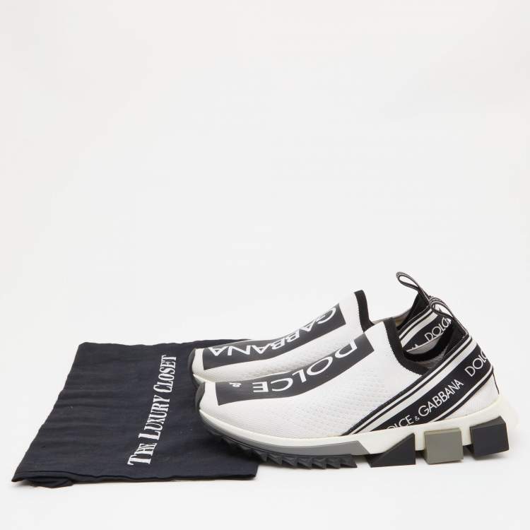 Pre Owned Dolce & Gabbana White/Black Knit Fabric Logo Sorrento Slip On Sneakers Size 40