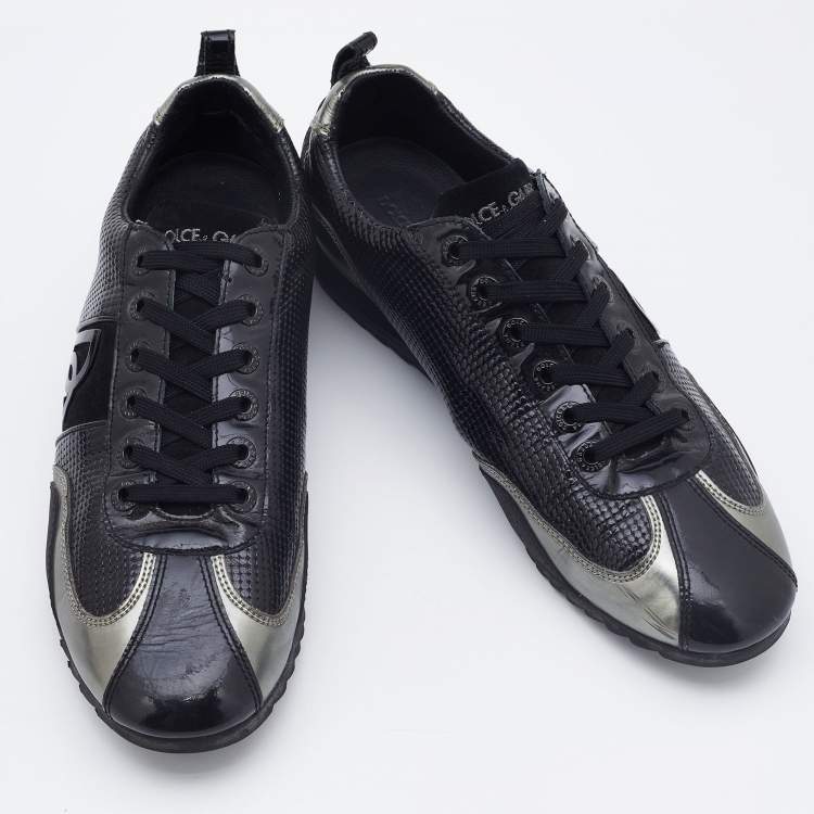 Pre Owned Dolce & Gabbana Silver/Black Patent Leather and Suede Low Top Sneakers Size 42.5