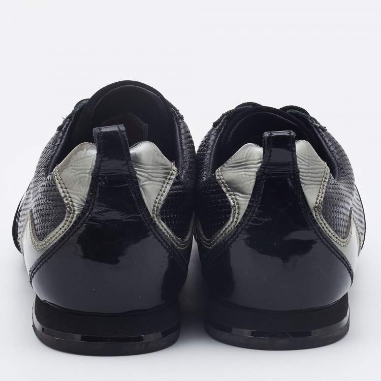 Pre Owned Dolce & Gabbana Silver/Black Patent Leather and Suede Low Top Sneakers Size 42.5