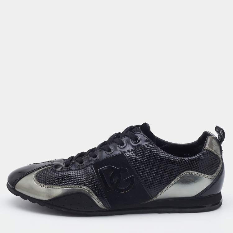 Pre Owned Dolce & Gabbana Silver/Black Patent Leather and Suede Low Top Sneakers Size 42.5