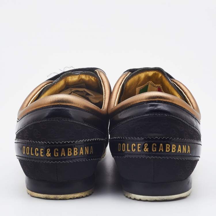 Pre Owned Dolce & Gabbana Black/Gold Patent Leather and Fabric DG Low Top Sneakers Size 40  
