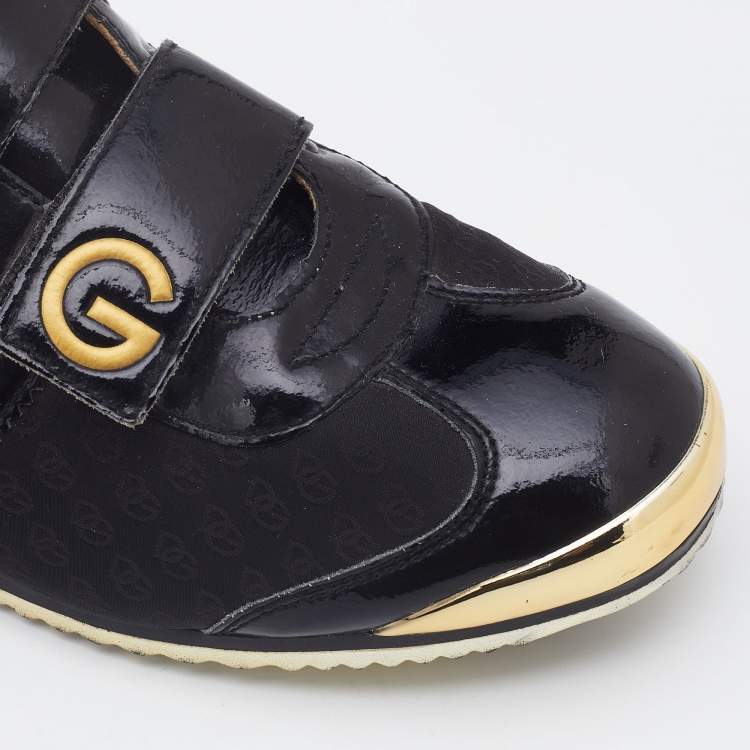 Pre Owned Dolce & Gabbana Black/Gold Patent Leather and Fabric DG Low Top Sneakers Size 40  