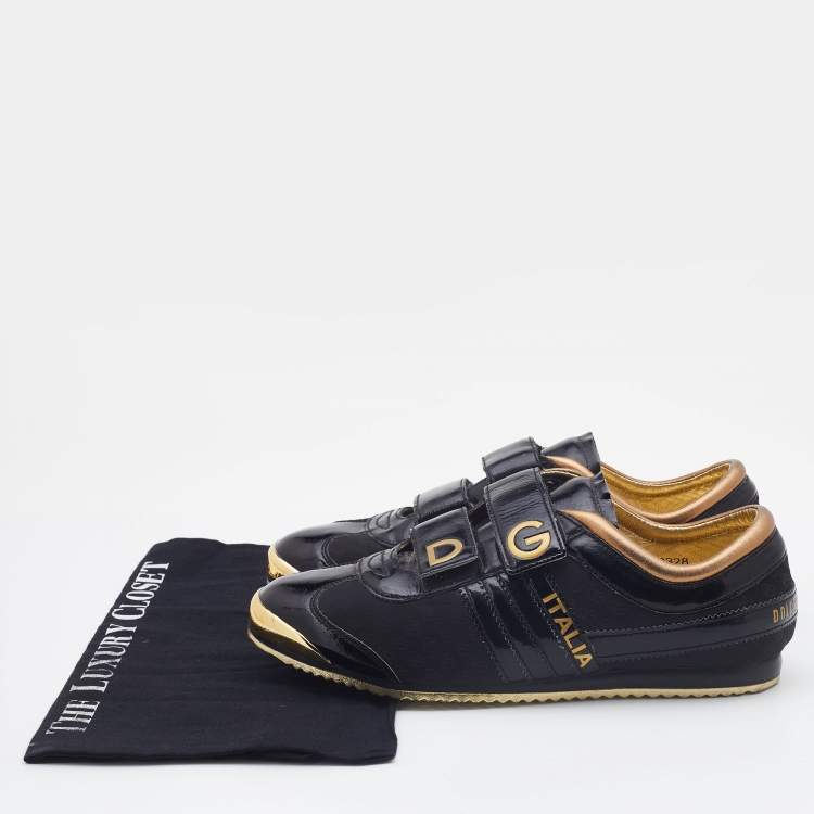 Pre Owned Dolce & Gabbana Black/Gold Patent Leather and Fabric DG Low Top Sneakers Size 40  