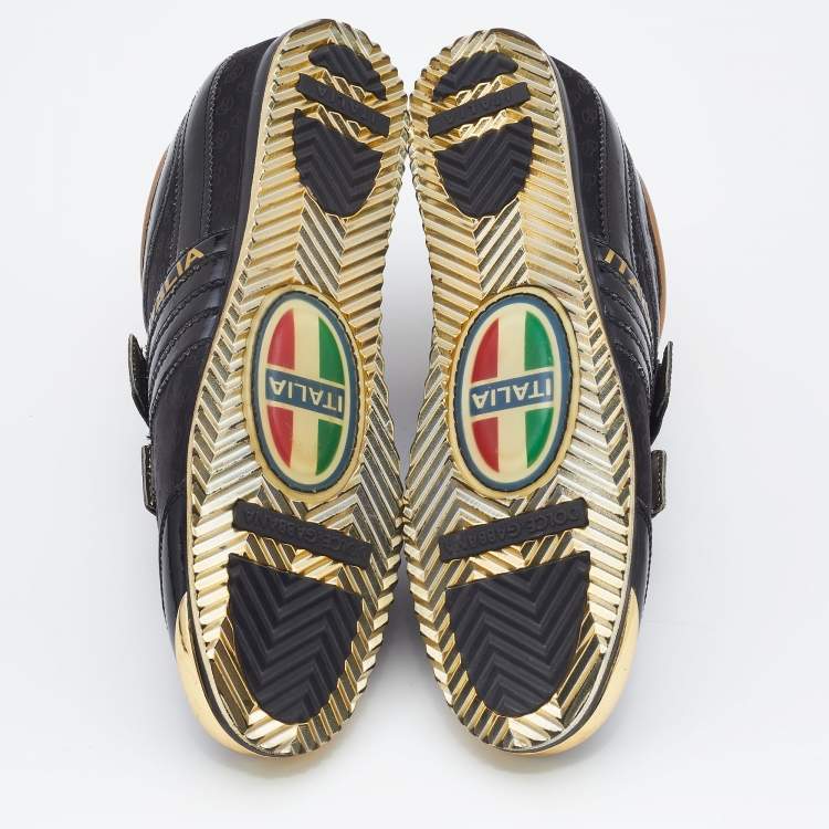 Pre Owned Dolce & Gabbana Black/Gold Patent Leather and Fabric DG Low Top Sneakers Size 40  