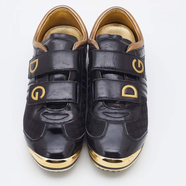 Pre Owned Dolce & Gabbana Black/Gold Patent Leather and Fabric DG Low Top Sneakers Size 40  