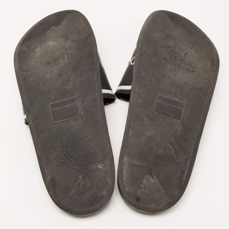 Pre Owned Dolce & Gabbana Black Rubber Logo Flat Slides Size 45