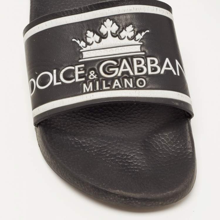Pre Owned Dolce & Gabbana Black Rubber Logo Flat Slides Size 45