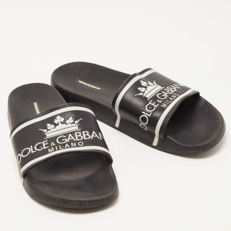 Pre Owned Dolce & Gabbana Black Rubber Logo Flat Slides Size 45