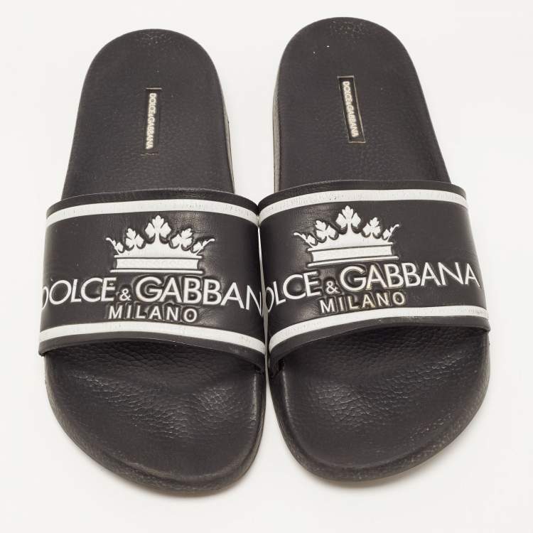 Pre Owned Dolce & Gabbana Black Rubber Logo Flat Slides Size 45