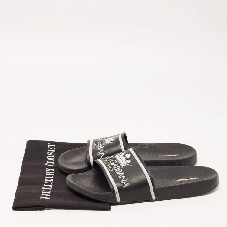 Pre Owned Dolce & Gabbana Black Rubber Logo Flat Slides Size 45