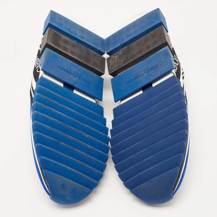 Pre Owned Dolce & Gabbana Blue/Black Stretch Fabric Jersey Sorrento Logo Print Slip On Sneakers Size 43