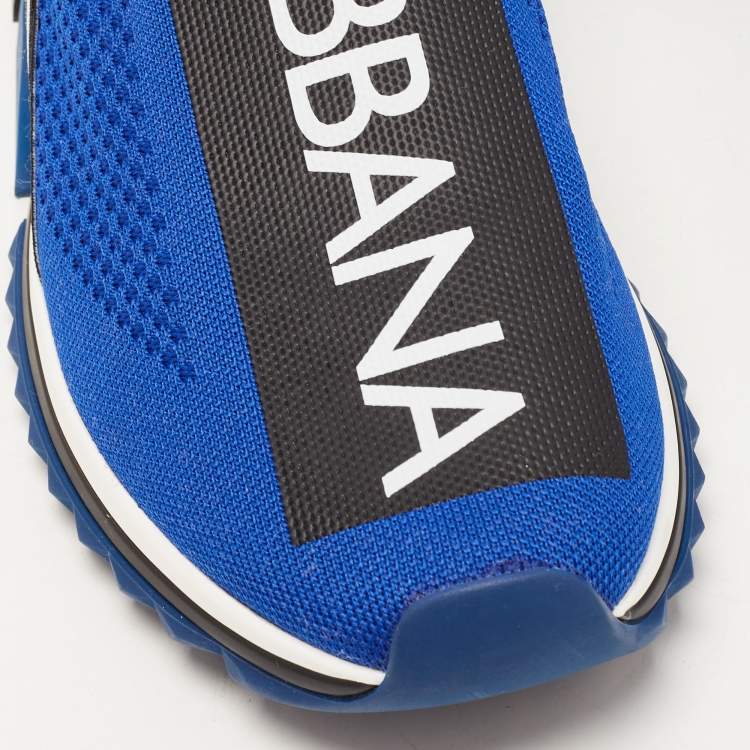Pre Owned Dolce & Gabbana Blue/Black Stretch Fabric Jersey Sorrento Logo Print Slip On Sneakers Size 43