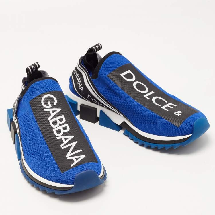 Pre Owned Dolce & Gabbana Blue/Black Stretch Fabric Jersey Sorrento Logo Print Slip On Sneakers Size 43