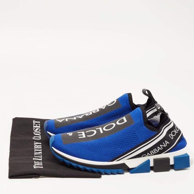 Pre Owned Dolce & Gabbana Blue/Black Stretch Fabric Jersey Sorrento Logo Print Slip On Sneakers Size 43