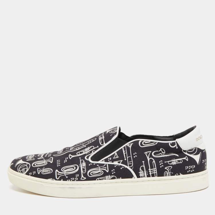Pre Owned Dolce & Gabbana Black/White Canvas Trumpet Print Sneakers Size 45