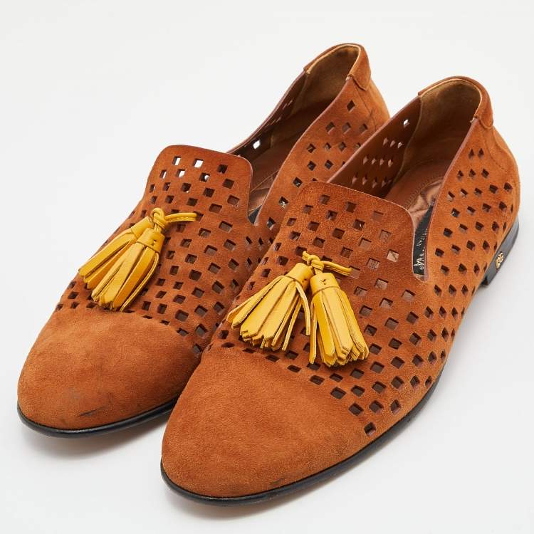 Pre Owned Dolce & Gabbana Brown/Yellow Perforeted Suede and Leather Tassel Smoking Slippers Size 43
