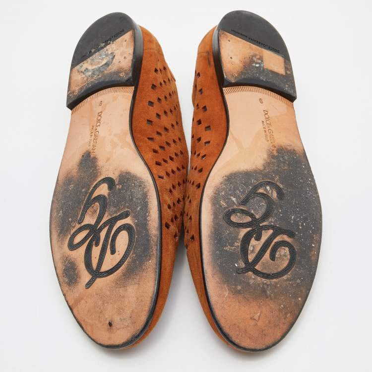 Pre Owned Dolce & Gabbana Brown/Yellow Perforeted Suede and Leather Tassel Smoking Slippers Size 43