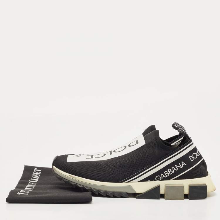 Pre Owned Dolce & Gabbana Black/White Logo Print Knit Fabric Sorrento Slip On Sneakers Size 46