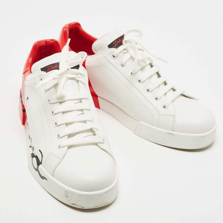 Pre Owned Dolce & Gabbana White/Red Leather and Patent Logo Print Portofino Sneakers Size 44