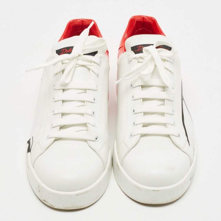 Pre Owned Dolce & Gabbana White/Red Leather and Patent Logo Print Portofino Sneakers Size 44