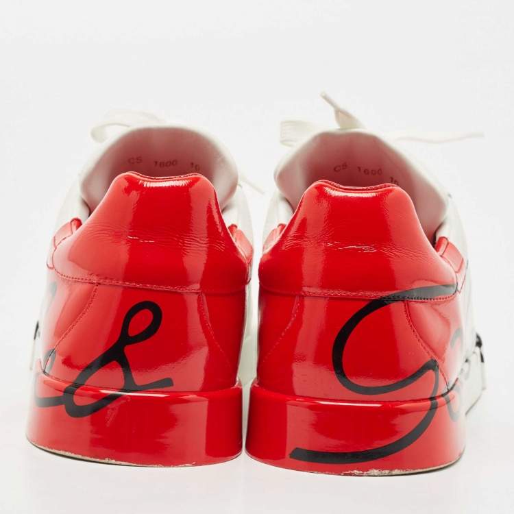 Pre Owned Dolce & Gabbana White/Red Leather and Patent Logo Print Portofino Sneakers Size 44