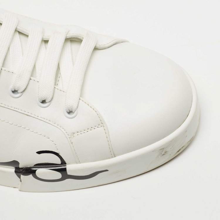 Pre Owned Dolce & Gabbana White/Red Leather and Patent Logo Print Portofino Sneakers Size 44