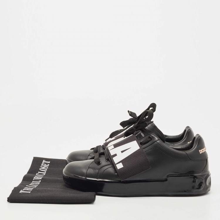 Pre Owned Dolce & Gabbana Black Leather Elastic Logo Low Top Sneakers Size 40
