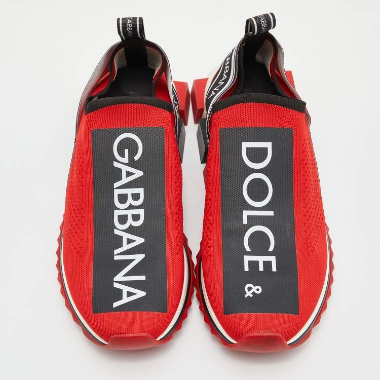 مملوكة مسبقًا Dolce & Gabbana Red Fabric Graffiti Logo Sorrento Slip On Sneakers Size 45