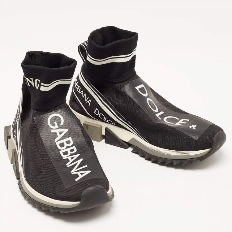Pre Owned Dolce & Gabbana Black Logo Print Knit Fabric Sorrento High Top Sneakers Size 42