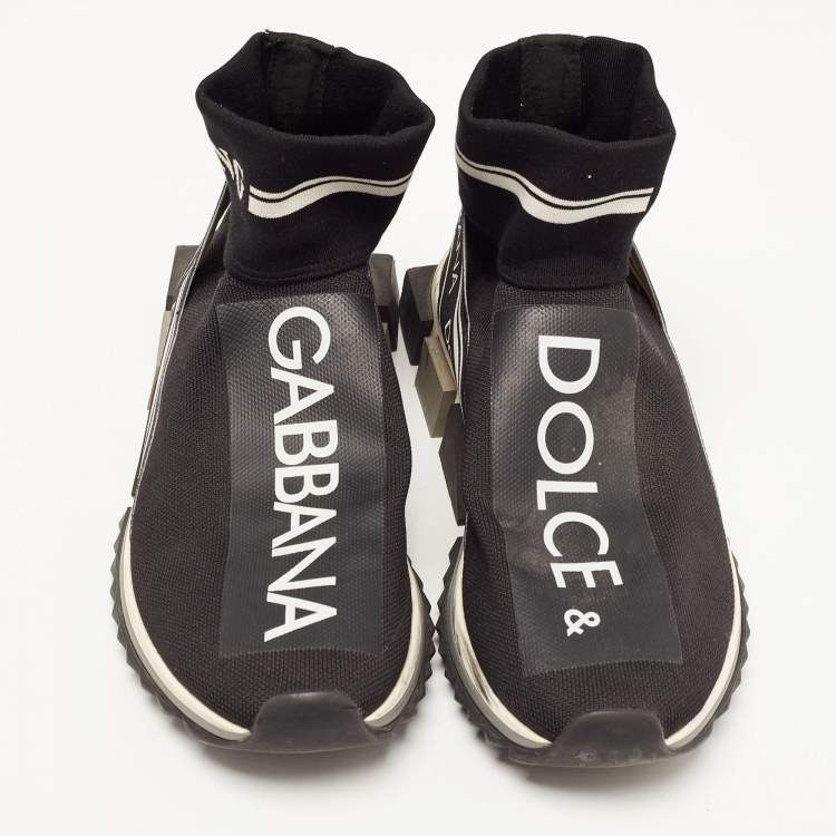 Pre Owned Dolce & Gabbana Black Logo Print Knit Fabric Sorrento High Top Sneakers Size 42