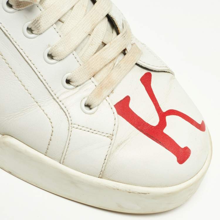 Pre Owned Dolce & Gabbana White Leather King And Queen Print Portofino Sneakers Size 42