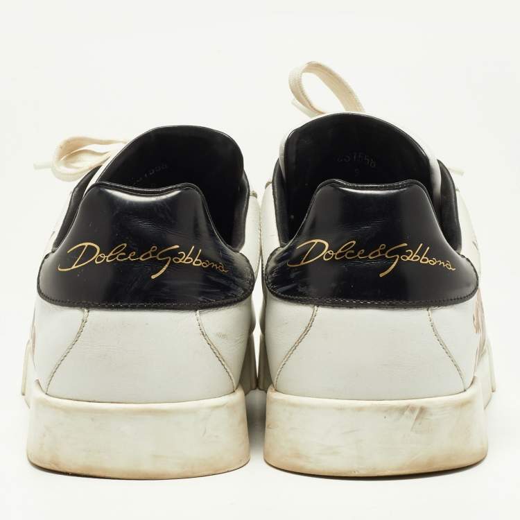 Pre Owned Dolce & Gabbana White Leather King And Queen Print Portofino Sneakers Size 42