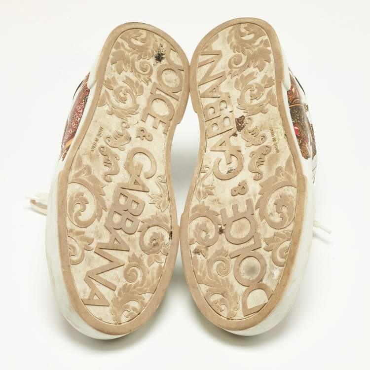 Pre Owned Dolce & Gabbana White Leather King And Queen Print Portofino Sneakers Size 42