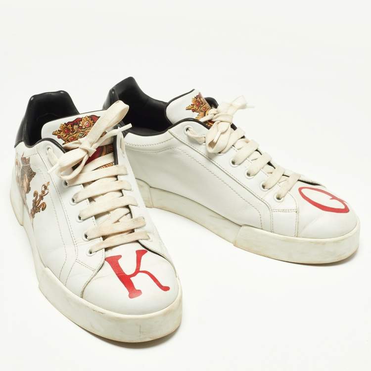 Pre Owned Dolce & Gabbana White Leather King And Queen Print Portofino Sneakers Size 42