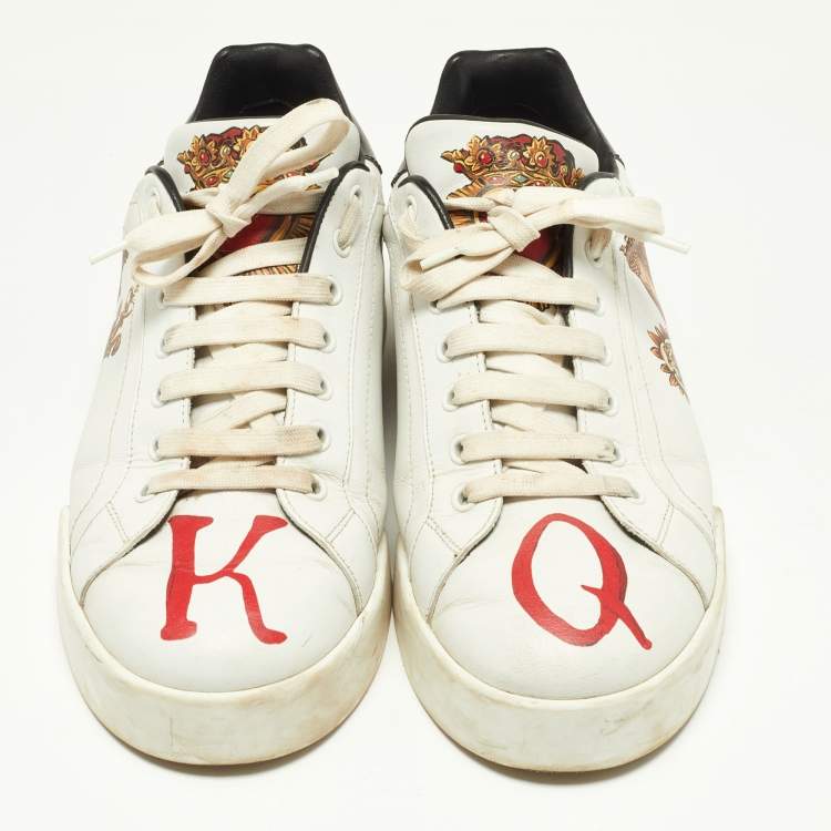 Pre Owned Dolce & Gabbana White Leather King And Queen Print Portofino Sneakers Size 42