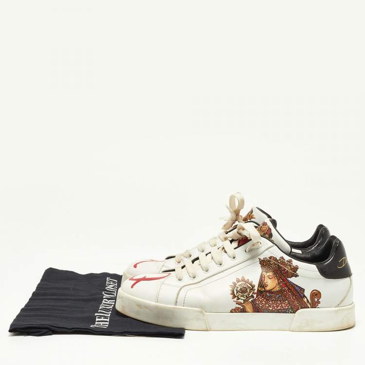 Pre Owned Dolce & Gabbana White Leather King And Queen Print Portofino Sneakers Size 42