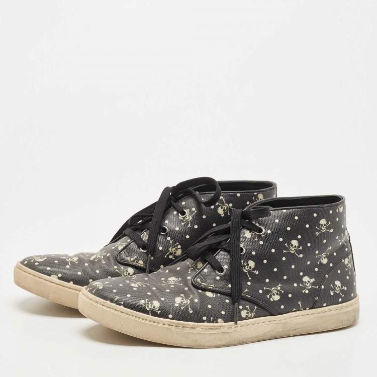 Pre Owned Dolce and Gabbana Black Skull and Cross Bone Print Coated Canvas High Top Sneakers Size 43
