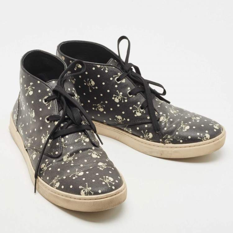 Pre Owned Dolce and Gabbana Black Skull and Cross Bone Print Coated Canvas High Top Sneakers Size 43