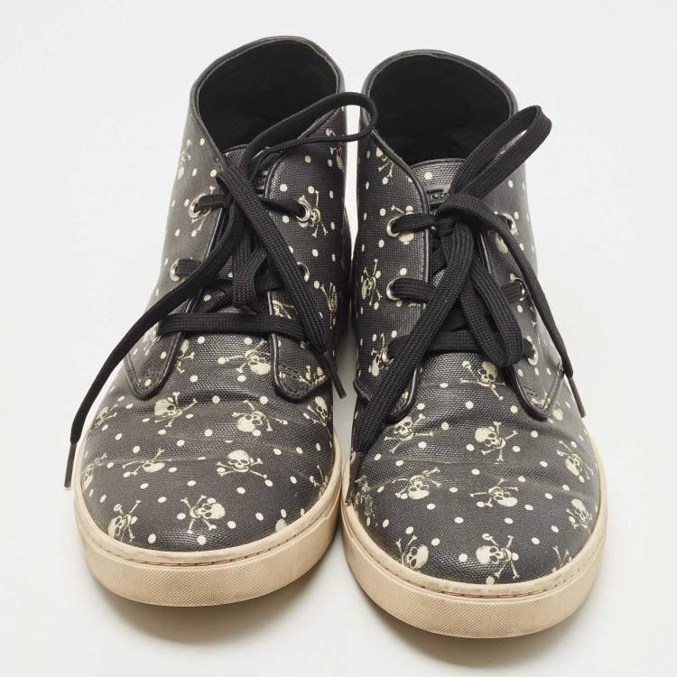 Pre Owned Dolce and Gabbana Black Skull and Cross Bone Print Coated Canvas High Top Sneakers Size 43