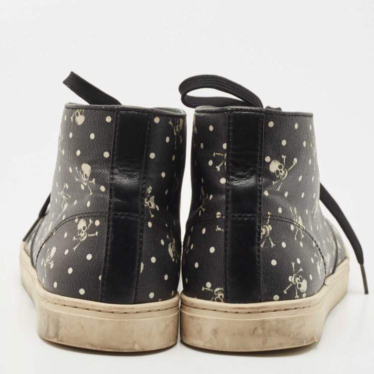 Pre Owned Dolce and Gabbana Black Skull and Cross Bone Print Coated Canvas High Top Sneakers Size 43
