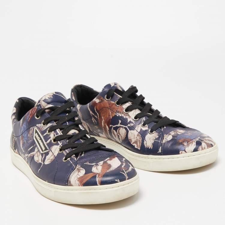 مملوكة مسبقًا Dolce & Gabbana Navy Blue/Black Floral Print Leather Low Top Sneakers Size 41.5