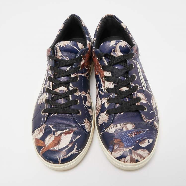 مملوكة مسبقًا Dolce & Gabbana Navy Blue/Black Floral Print Leather Low Top Sneakers Size 41.5