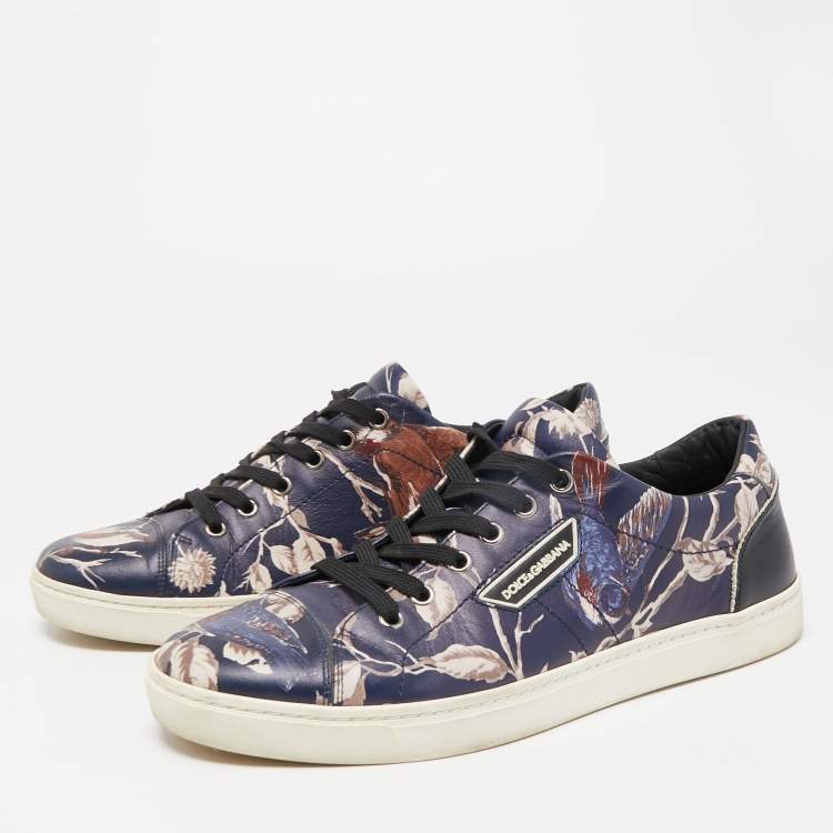 مملوكة مسبقًا Dolce & Gabbana Navy Blue/Black Floral Print Leather Low Top Sneakers Size 41.5