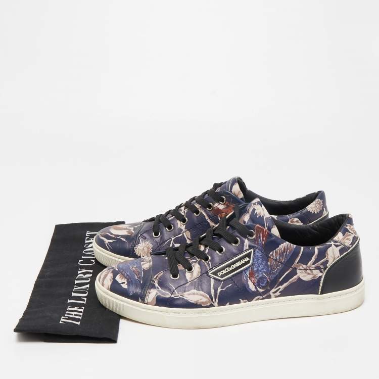 مملوكة مسبقًا Dolce & Gabbana Navy Blue/Black Floral Print Leather Low Top Sneakers Size 41.5