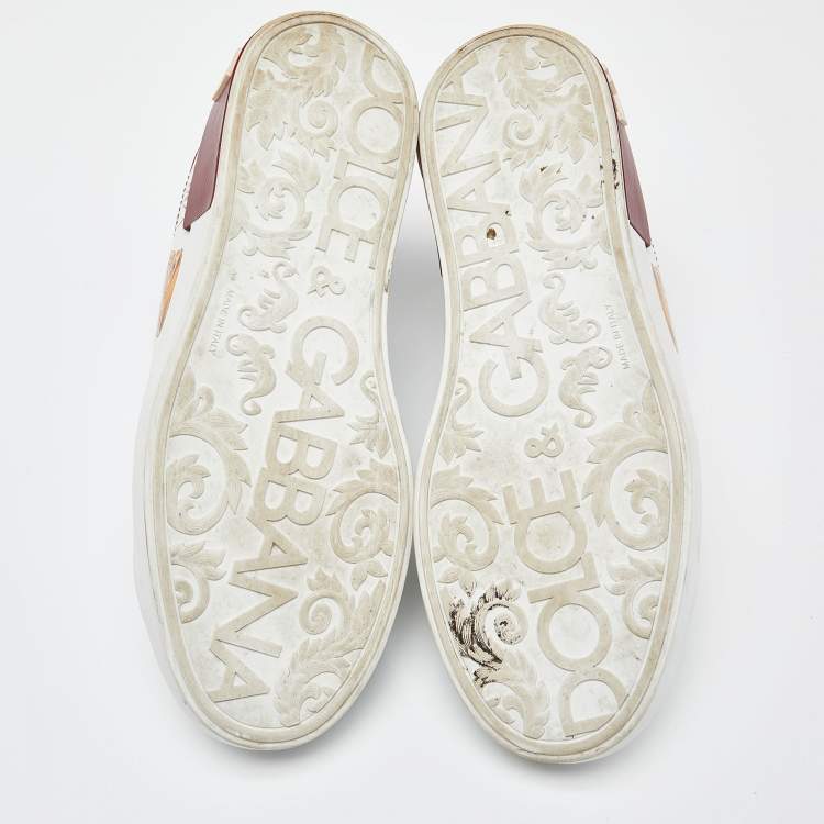 Pre Owned Dolce & Gabbana White/Dark Red Leather Crown Print Portofino Sneakers Size 43