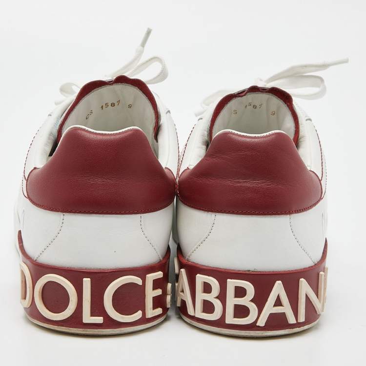 Pre Owned Dolce & Gabbana White/Dark Red Leather Crown Print Portofino Sneakers Size 43