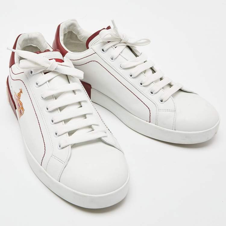 Pre Owned Dolce & Gabbana White/Dark Red Leather Crown Print Portofino Sneakers Size 43
