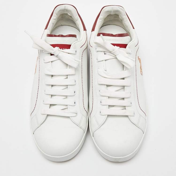 Pre Owned Dolce & Gabbana White/Dark Red Leather Crown Print Portofino Sneakers Size 43